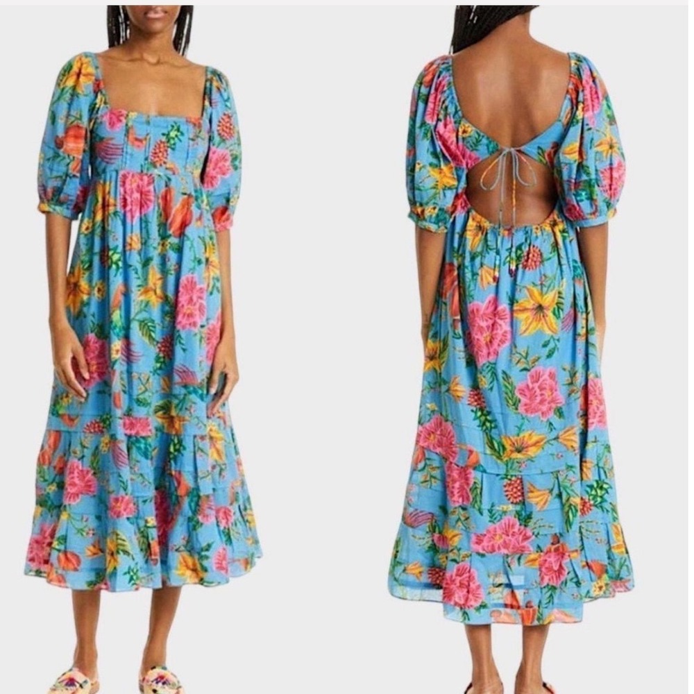 Farm Rio Toucans Garden Midi Dress Blue Floral Puff Sleeve Large